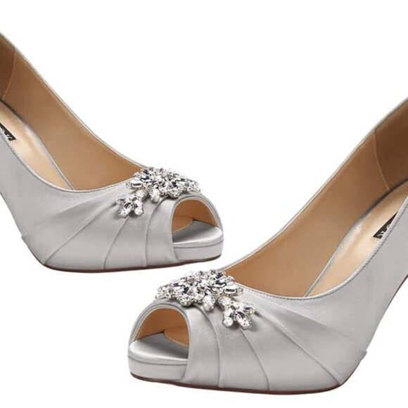 Peep Toe Mid Heel Shoes Satin Silver 6.5 Wedding Prom Evening Dress - Picture 6 of 6
